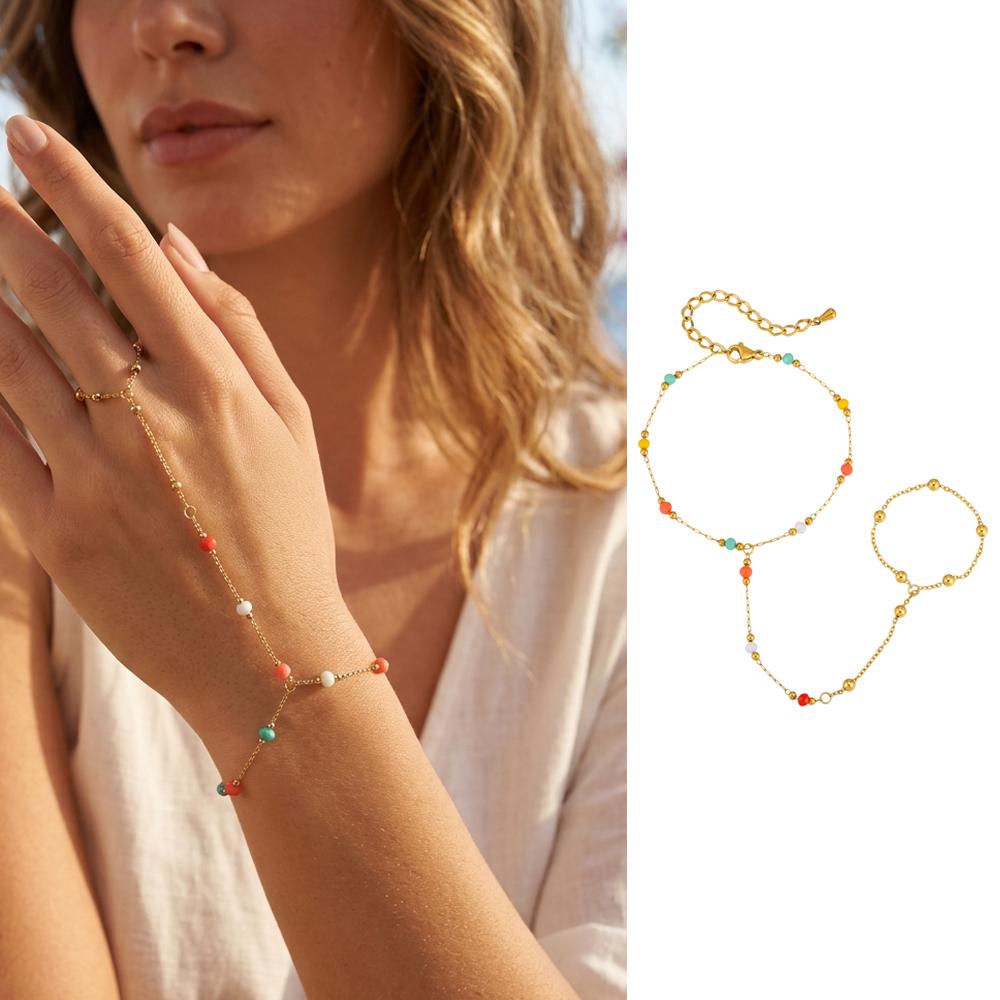 Bracciale Schiavo con Perline Bohémien, Acciaio Inossidabile Placcato Oro 18K, Catena da Mano Impermeabile Anello da Dito Bracciale Gioielli per Donne