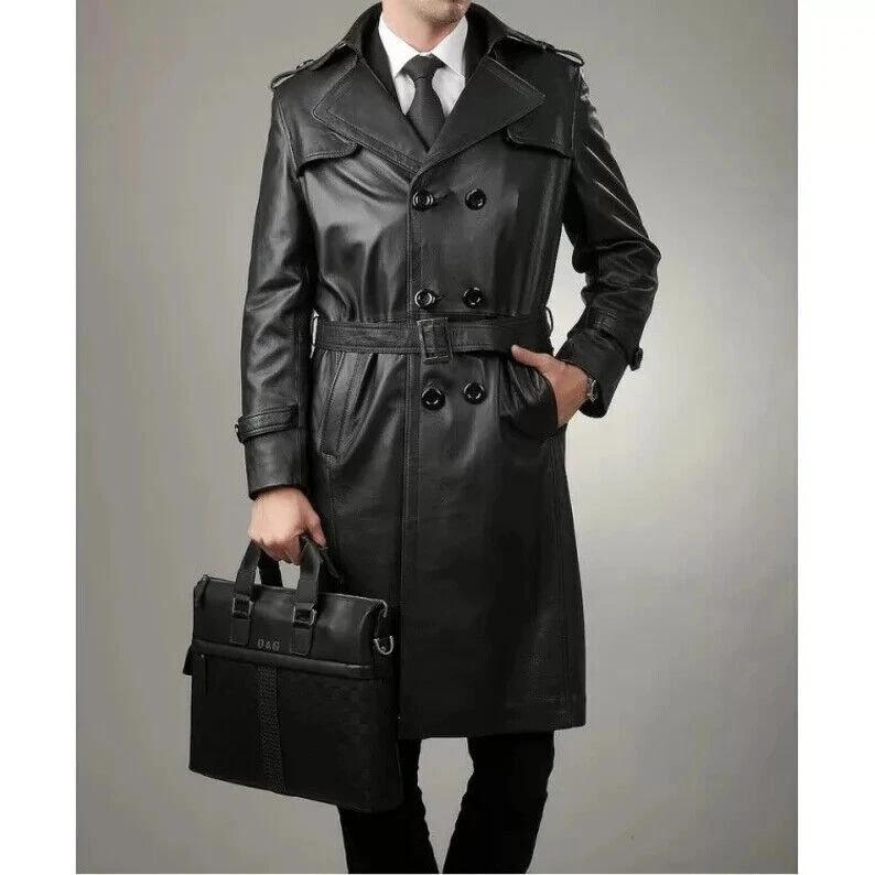 Stylish Fashion Formal Work Black Handmade Original lambskin Leather Trench Coat
