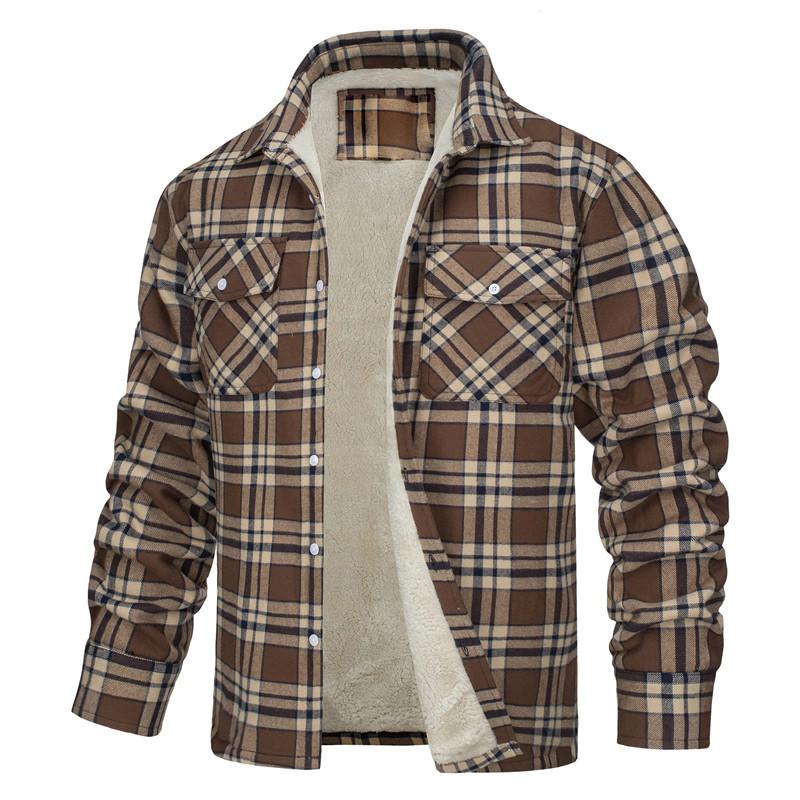 Long Sleeve Lapel Plaid Thickened Shirt Men's Jacket