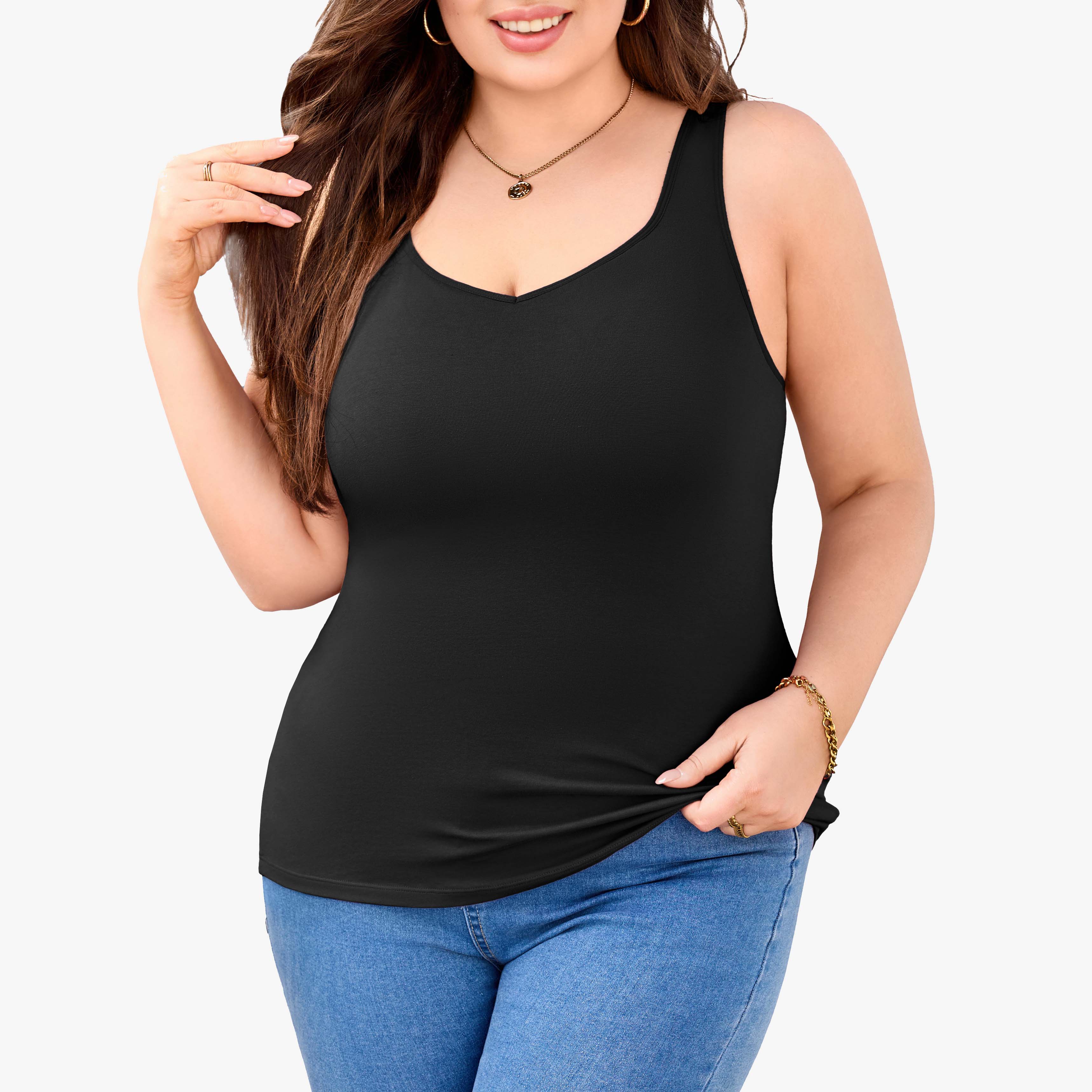 

Charmleaks Women Plus Size Tank Tops with Built-in Padded Bra Adjustable Strap V-Neck Camisole Cotton Cami Shirts 1X-4X 4X чёрный