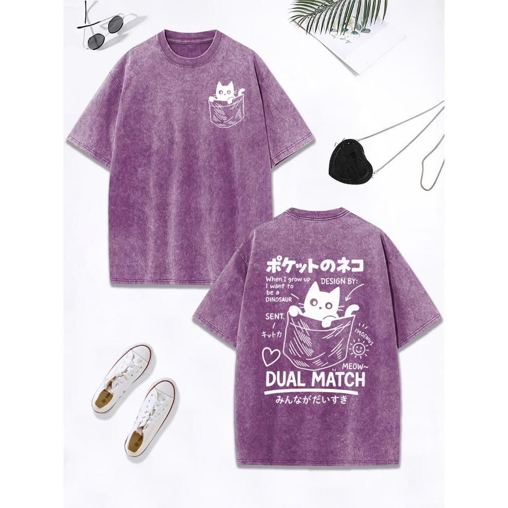 

Милая японская футболка с принтами карманных кошек, женская хлопковая футболка оверсайз, удобная одежда с эффектом потертости с круглым вырезом 3XL