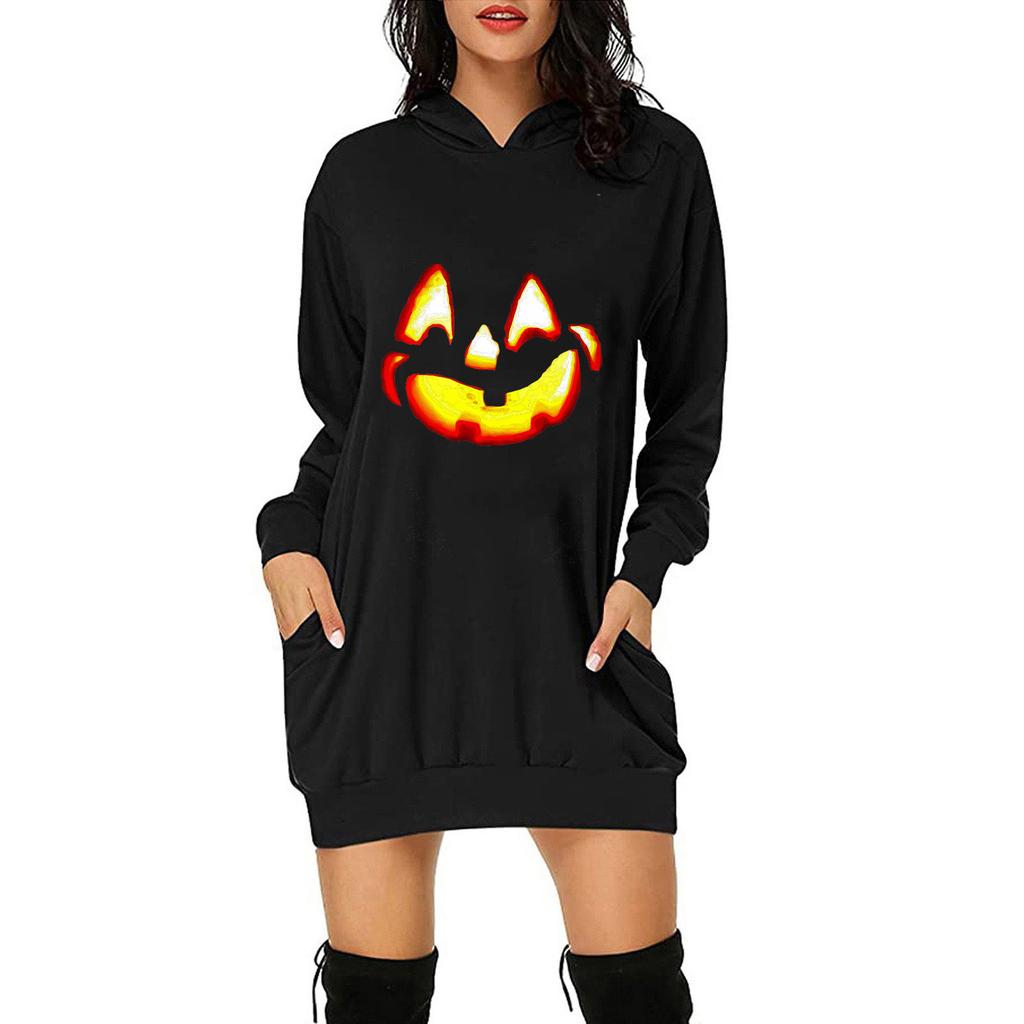 Women Casual Fashion Loose Plus Size Halloween Print Long-Sleeve Blouse Dress