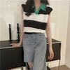 Loose Color Clashing Stripes Hollowed Out Lapel Knit Sweater Women Design Sense Sleeveless Shoulder Pads Tops Casual Essential Slim Fit Pullovers Tees