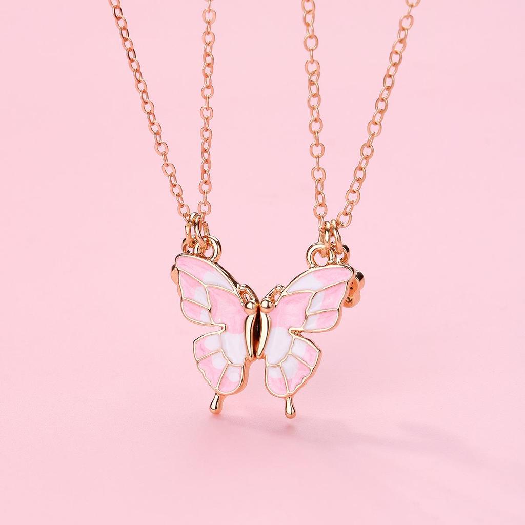 Cartoon Butterfly BFF Necklace Set with Alloy, Drip Oil, Magnet, & Stone Details – Perfect for Kids
