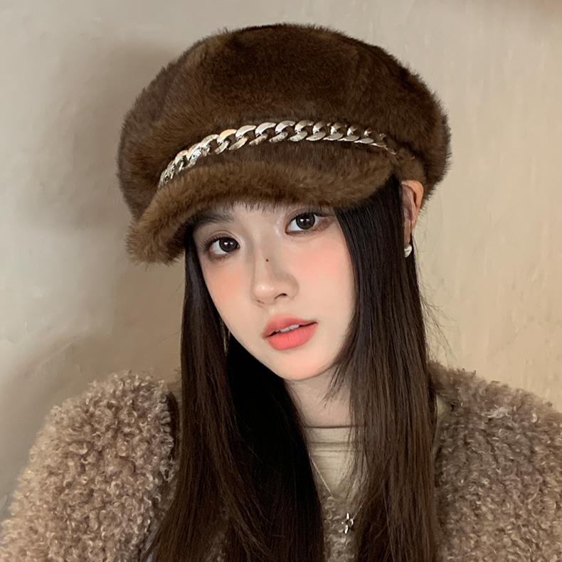 Imitation Mink Hair Chain Beret Autumn and Winter New Casual Windproof Octagonal Hat Fleece Thickened Thermal Hat