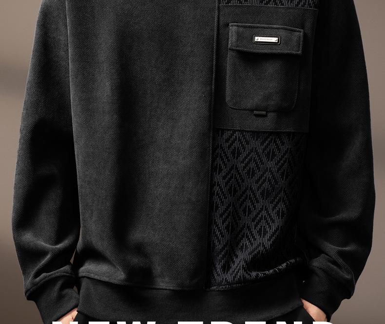 High-End Retro Jacquard Patchwork Raglan Sleeve Men's Sweatshirt - Autumn Heavyweight Trendy Round Neck Casual Top