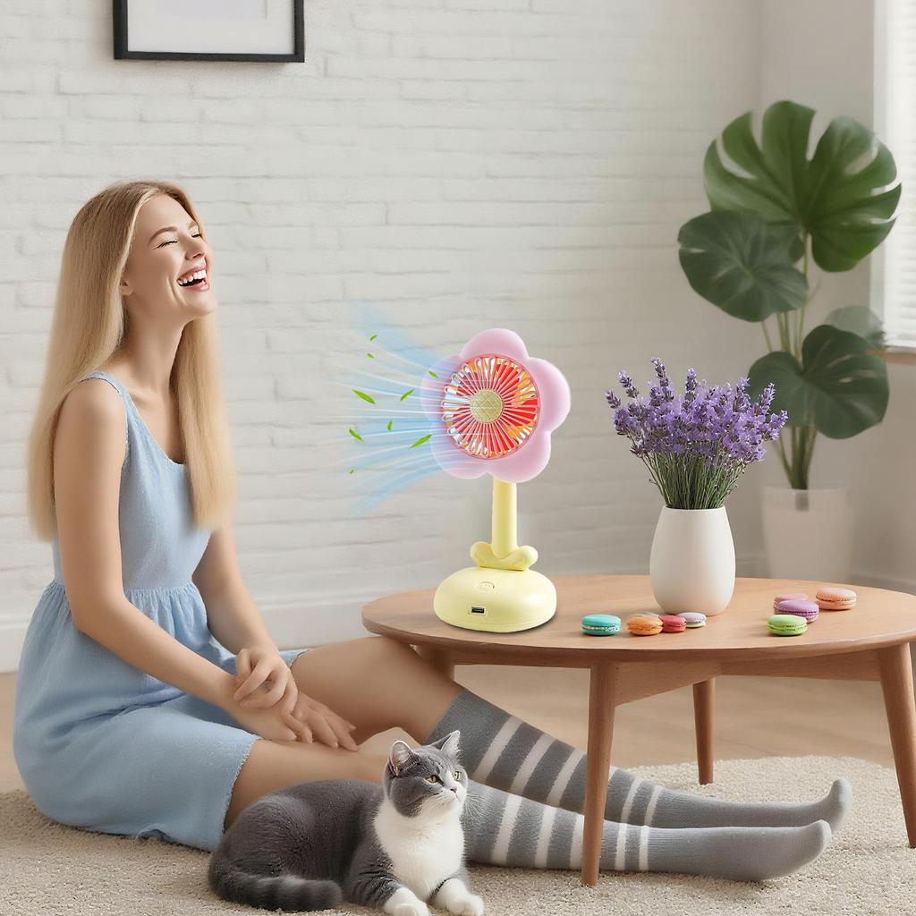 Desk Fans Small Quiet Flower Small Fans For Bedroom Cooling Air Circulator With Night Light & 2-Speed For Girls Women Travel