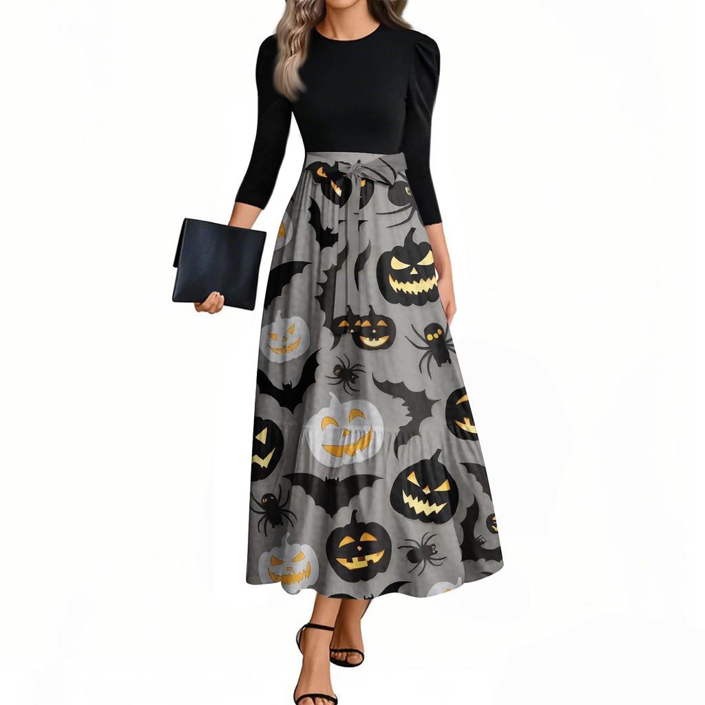 Damska Moda Casual Sukienki z Rękawem Trzy Czwarte, Okrągłym Dekoltem, z Paskiem, Eleganckie, z Temperamentem, z Nadrukiem Halloween