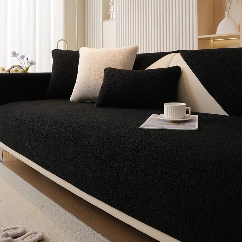 Modern Solid Color Winter Lamb Velvet Sofa Cover Thicken Plush Soft and Smooth Sofa Covers for Living Room Anti-slip Couch Cover