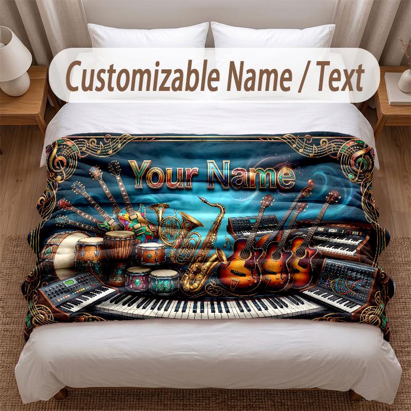 Music Theme Soft Blanket Personalized Custom Name Text Print Warm Blanket Home Sofa Bedroom Decor