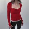 Dames Vierkante Hals Lange Mouwen Crop Top Slim Kantafwerking Strik Voorkant Gerimpeld Melk Huid Strak T-shirt