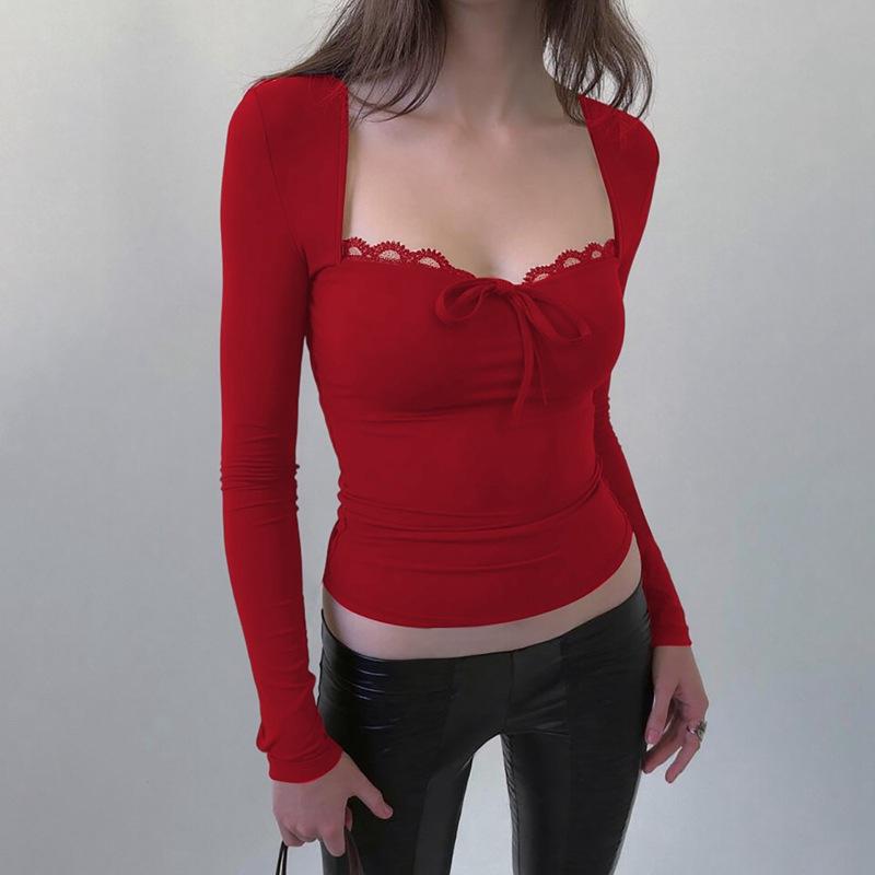 Dames Vierkante Hals Lange Mouwen Crop Top Slim Kantafwerking Strik Voorkant Gerimpeld Melk Huid Strak T-shirt
