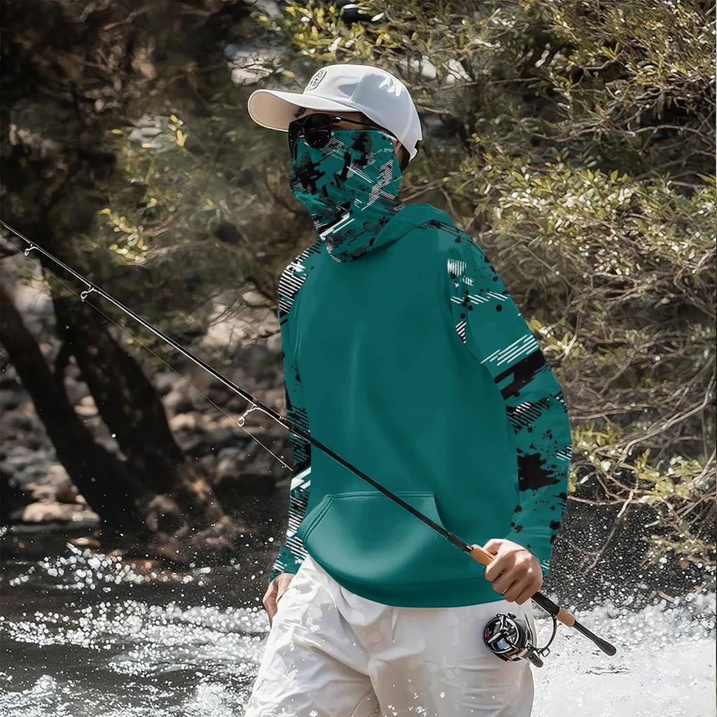 Lightweight Hooded Sun Protection Shirt Long Sleeve Rash Guard Top with Face Cover for Outdoor Activities UV Blocking Breathable Quick Dry