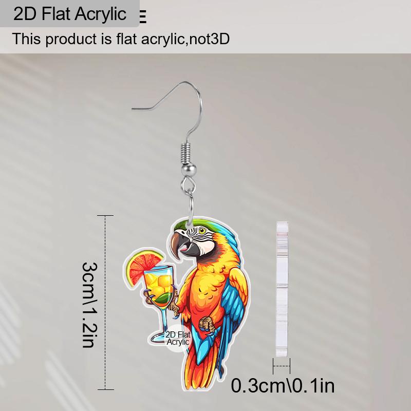 2D Flat Fun Tropical Parrot Earrings Drink Parrot Pattern Acrylic Pendant Earrings Birthday Accessories Gift