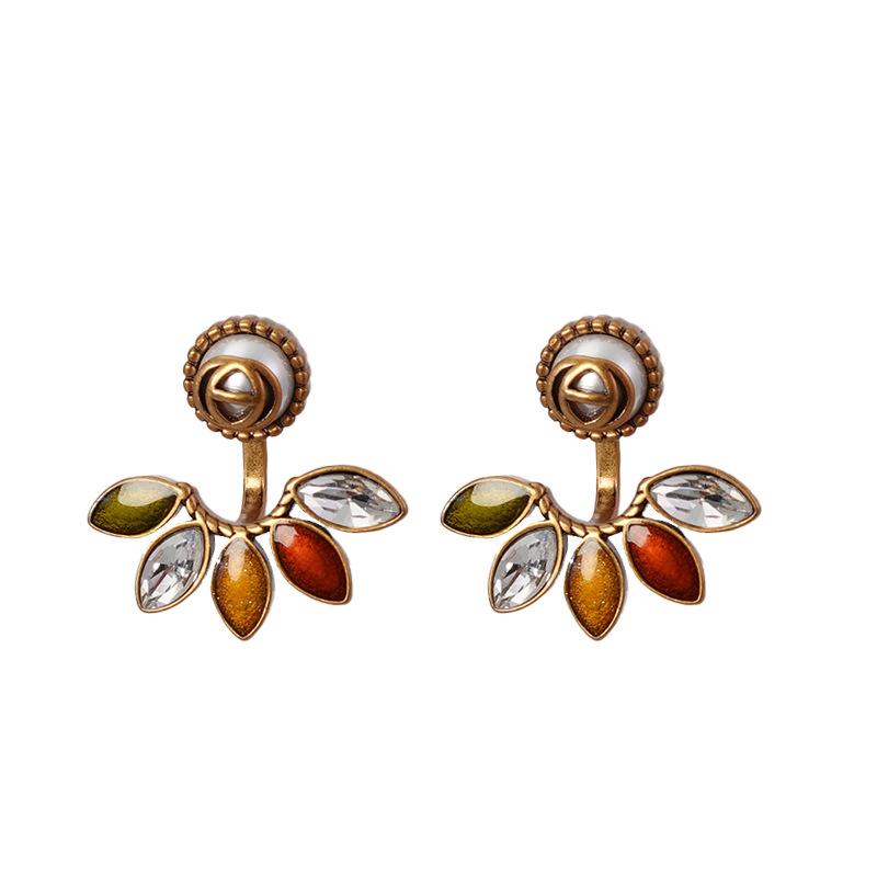 Old Flower Leaf French Retro Atmosphere High-End Diamond-Encrusted Rear-Hanging Pearl Stud