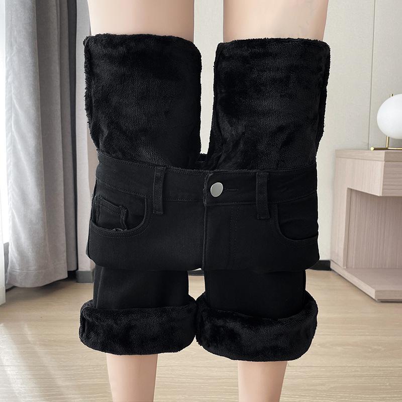 

Осень и Зима Женские Теплые Плюшевые Расклешенные Джинсы Термофлис Свободные Джинсовые Брюки Женские С Высокой Посадкой Прямые Расклешенные Брюки XXS чёрный