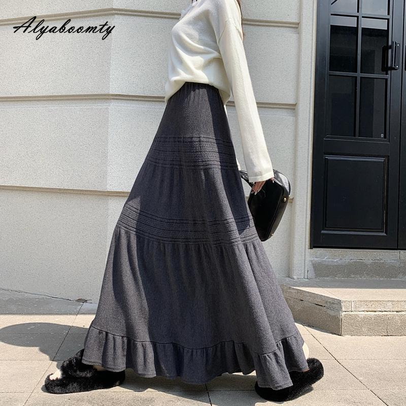 Korean Fashion Autumn Winter Women Maxi Long Skirt High Waist Beige Black Gray Knitting Skirt Knitted Ruffles Feminine Warm Skirt