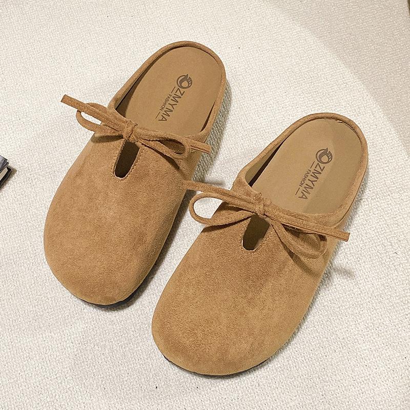 

Retro versatile flat-bottomed Boken bag head slippers women s spring new bow one-pedal soft-soled half slippers 40 верблюд