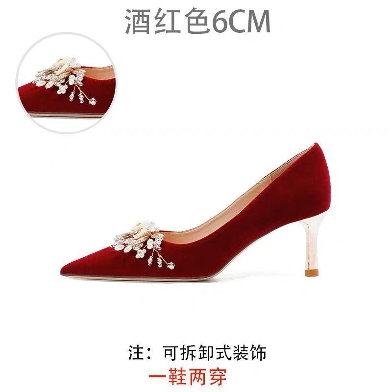 Pointed Thin Heel Wedding Shoes New Chinese Flower Xiuhe Toast Dress Burgundy Bridal Wedding Shoes Women
