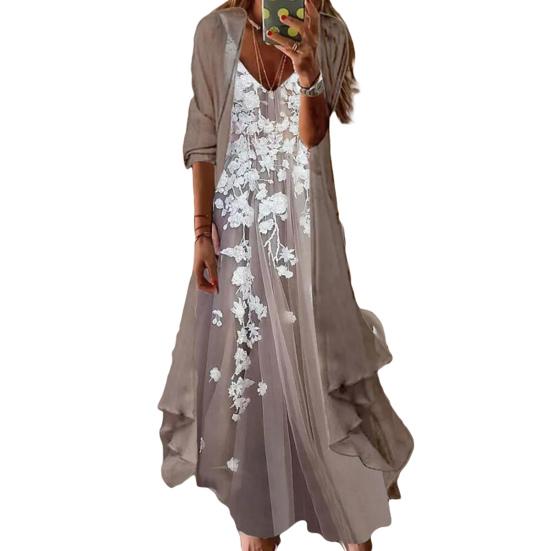 2Pcs/Set Dress Set V-Neck Large Hem Printed Summer Women Sling Design Dress Long