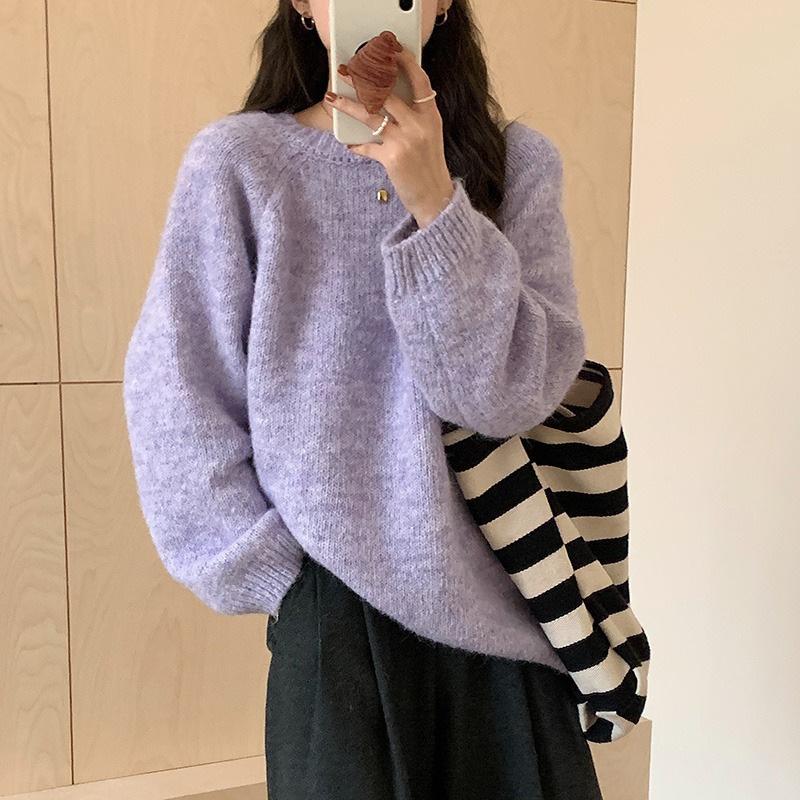 Lazy wind crew neck pullover sweater women's loose large size autumn and winter new thickened high-end knitted bottoming shirt top