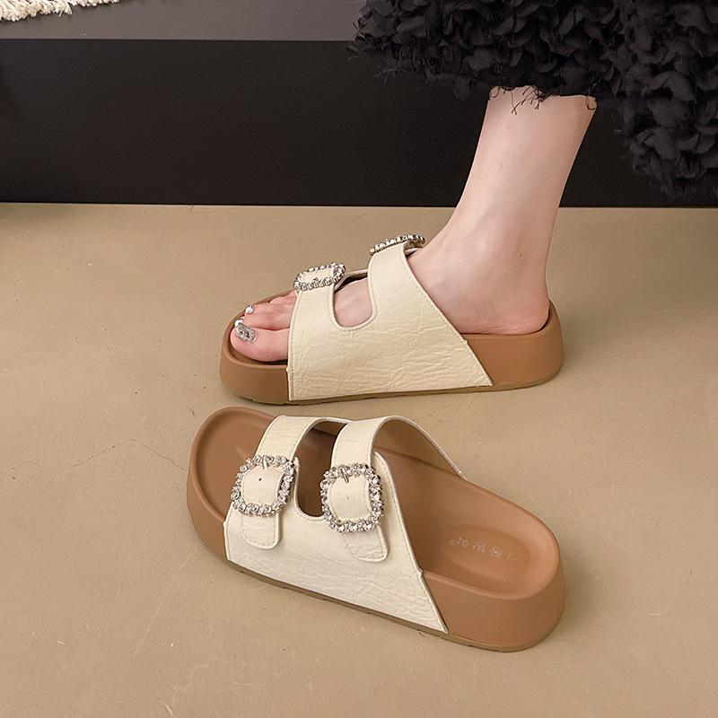 Rhinestone Square Buckle One-word Slippers Women's 2025 Summer New Thick-bottomed Lightweight Non-slip Outer Wear Beach Cool Slippers