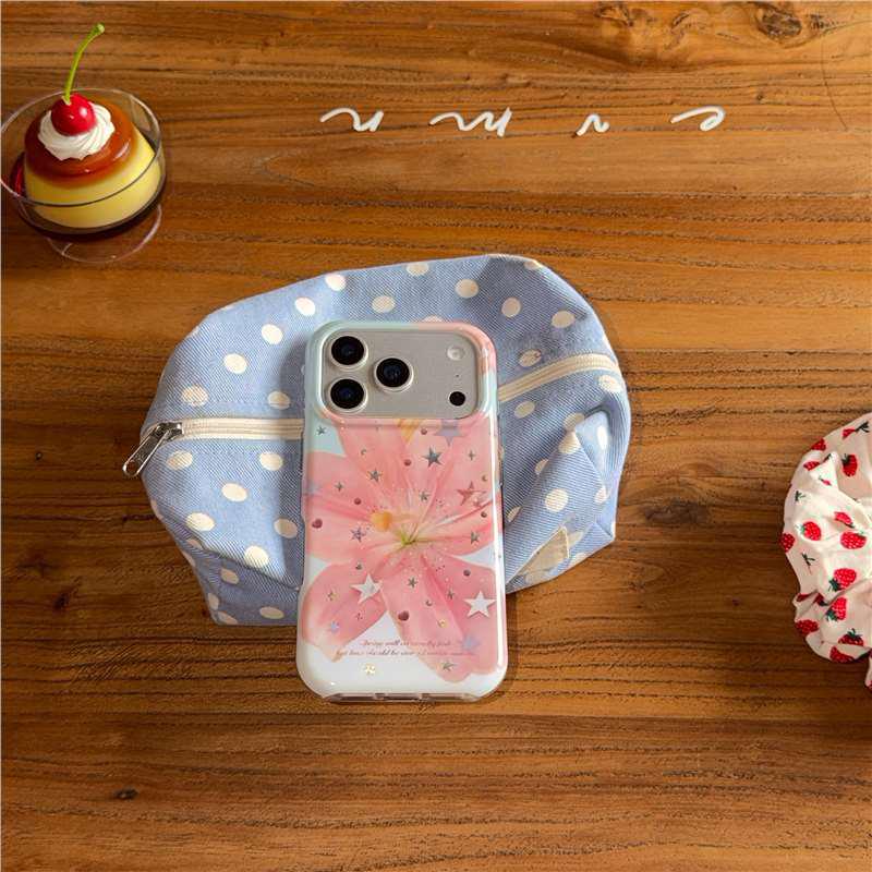 Korean Style Star Powder Lily Flower Phone Case for iPhone 17 Pro Max - Heart Design, Anti-drop, Suitable for iPhone 14, 15, and Apple 16.