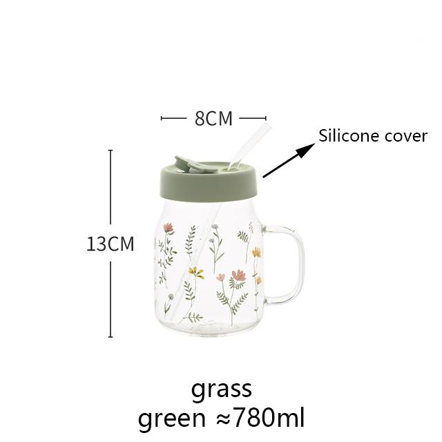 YWDL 600/780ml Mug à motif d'herbe avec paille et couvercle Gobelet en verre avec tasse graduée résistante à la chaleur pour café, lait, boisson