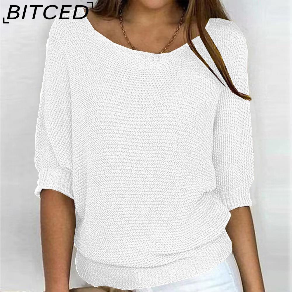 BITCED Βαμβακερό Πλεκτό Τοπ Μονόχρωμο με Στρογγυλή Λαιμόκοψη για Γυναίκες Κομψή Μπλούζα με 3/4 Μανίκια για το Γραφείο και Χώρους με Κλιματισμό