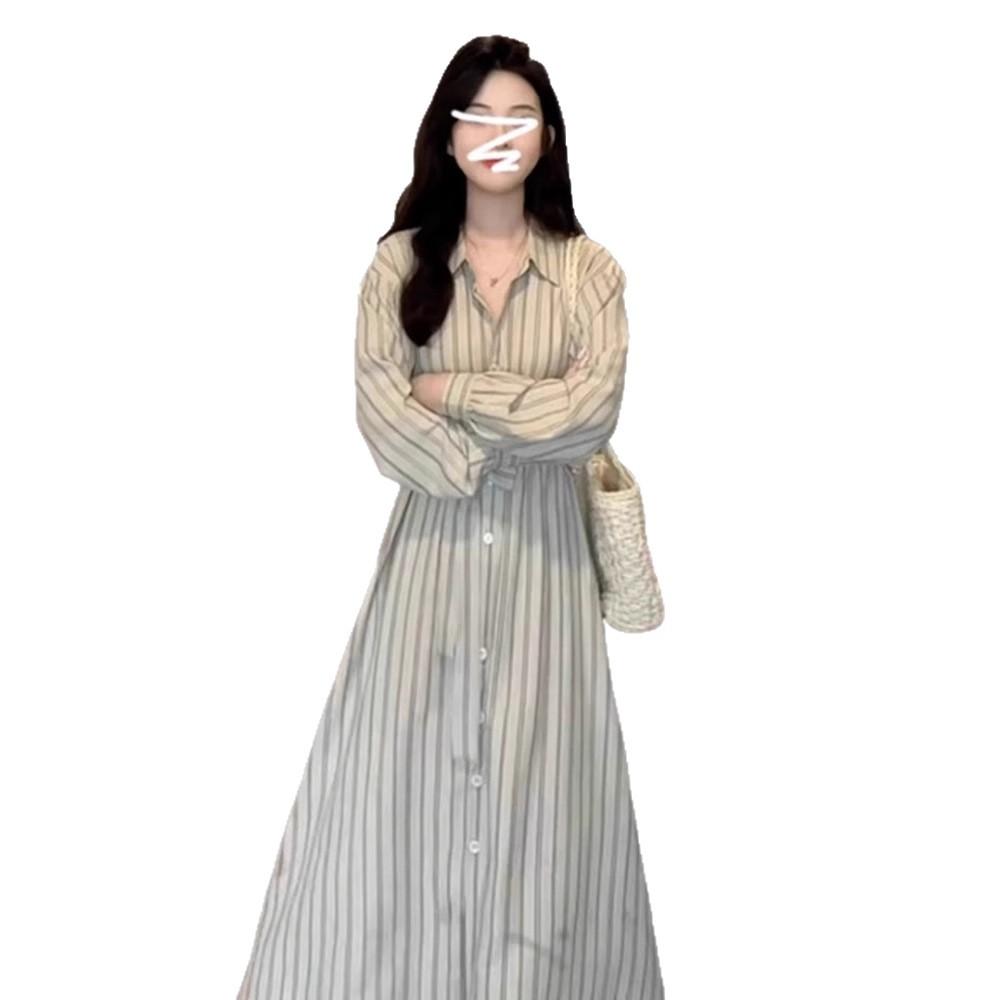 French Striped Long-sleeved Shirt Dress Women's Clothing Early Autumn New Waist Temperament Small Long Dress
