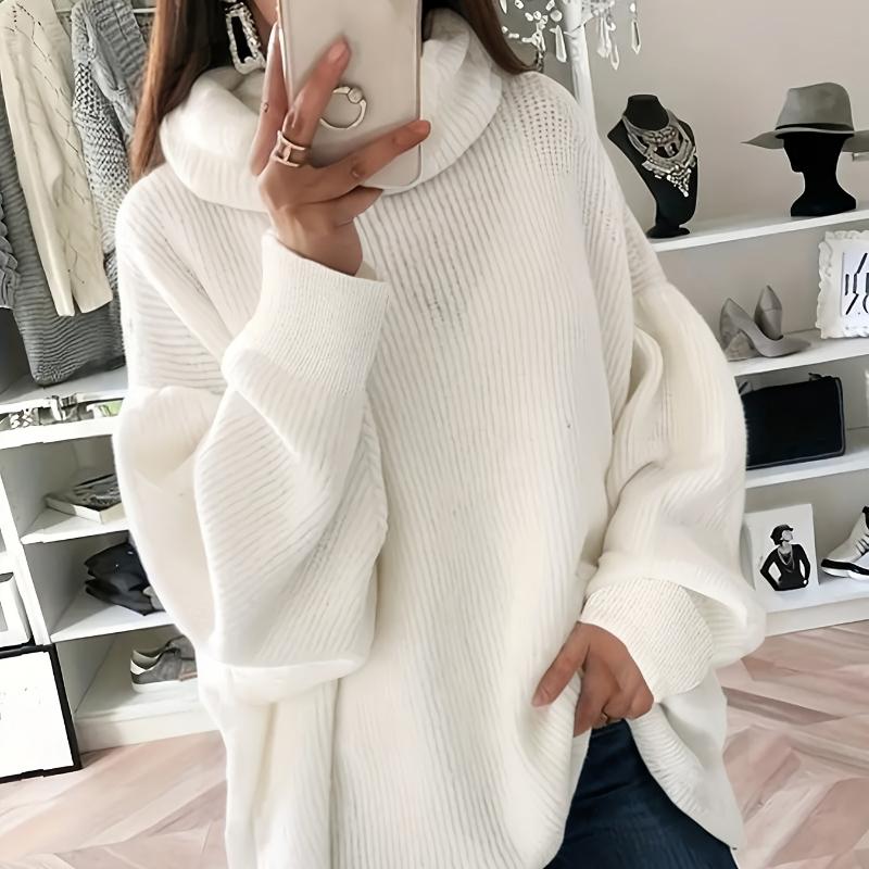 Pullover Sweater for Plus-Size Women, Featuring a High Neck, Solid Color, Long Sleeves, And Ribbed Drop Shoulders