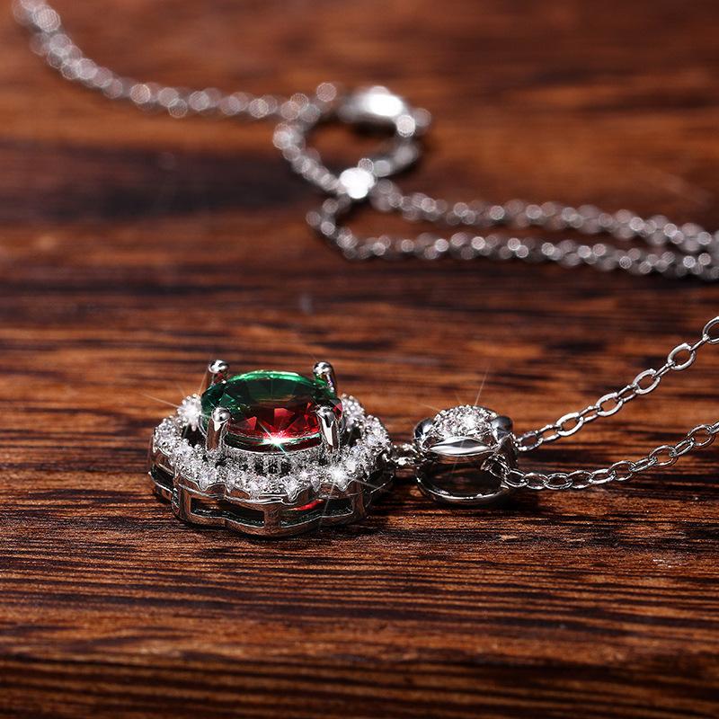 Silver Plated Colorful Round CZ Halo Pendant Necklace, Floral Frame Moving Stone Cable Chain Necklace for Women