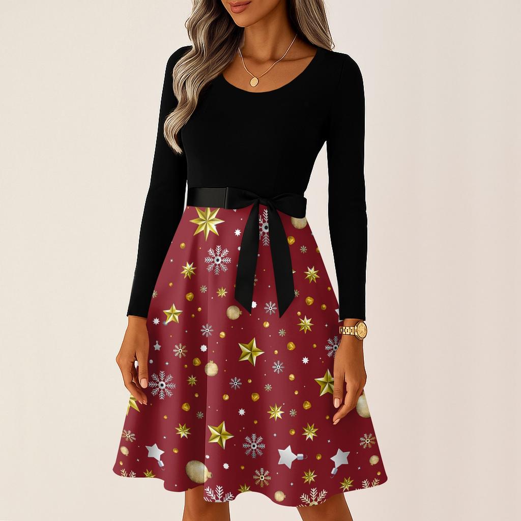 Kvinners avslappet mote langermet julegrafisk trykt vintage lange kjoler