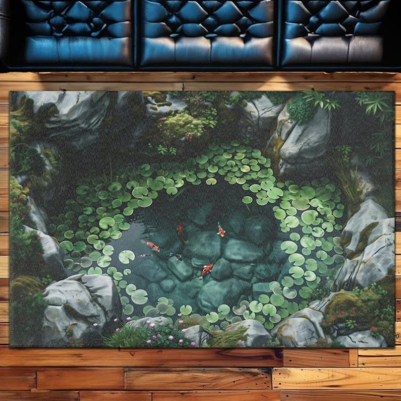2D Art Koi Fish Pond Area Rug Oriental Style Water Lily Stone Pattern Non-slip Carpet Living Room Bedroom Home Decor Floor Mat 40x60cm