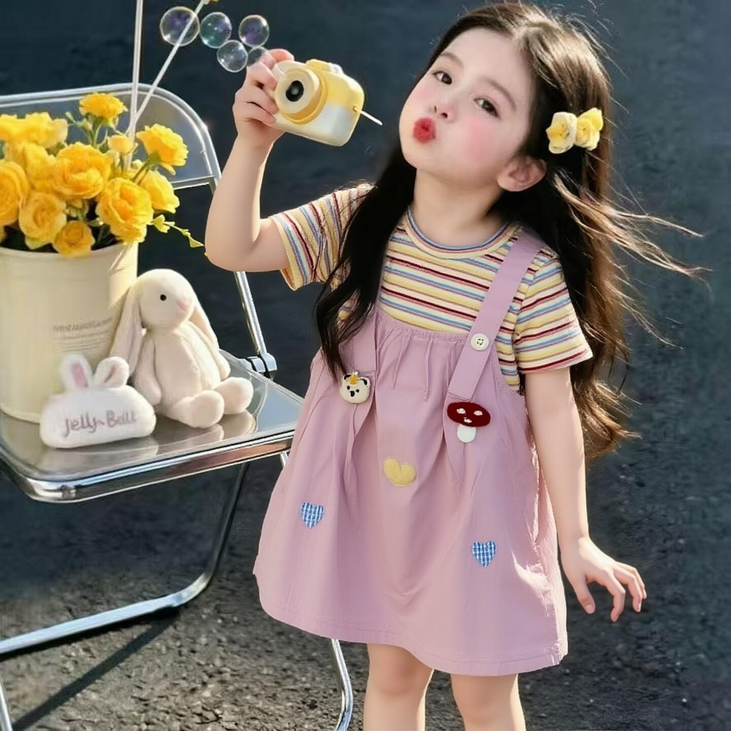 Girls Summer Fashion Striped Short Sleeve Fake Two Piece Suspender Dress Set Cute Casual Outfit For Kids 80cm
