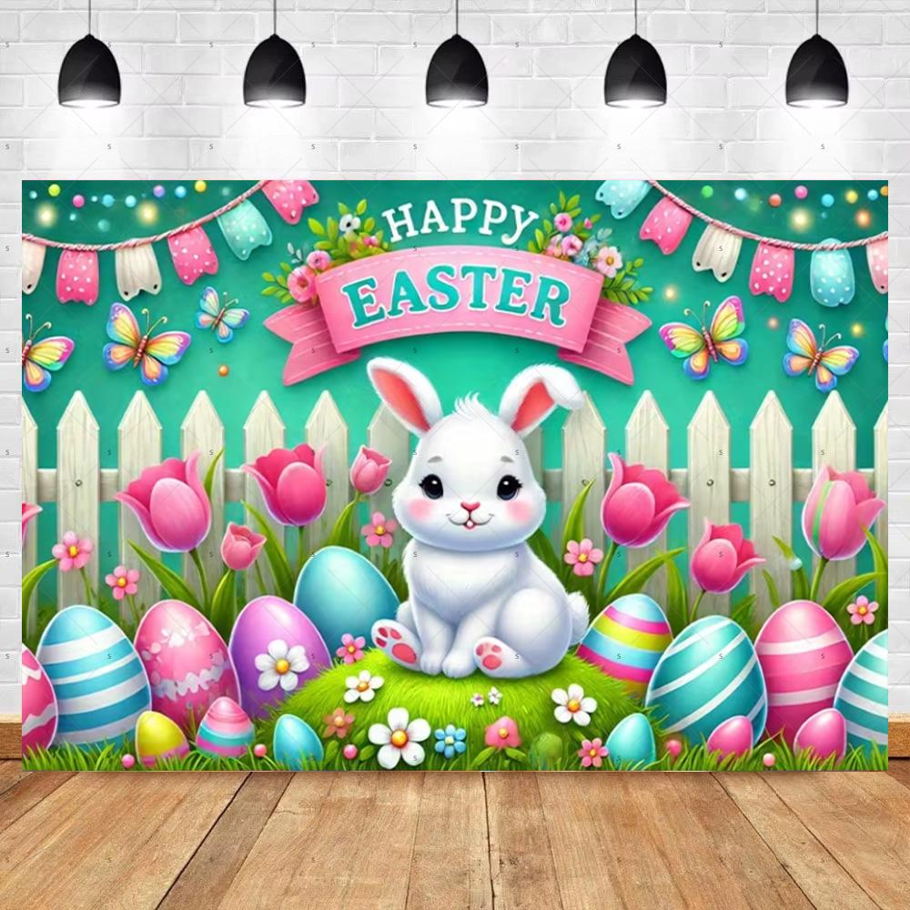 Spring Vibrant Rabbit Backdrop Supplies Happy Easter Theme Background Banner Bunny Easter Eggs Party Decoration Photography Prop