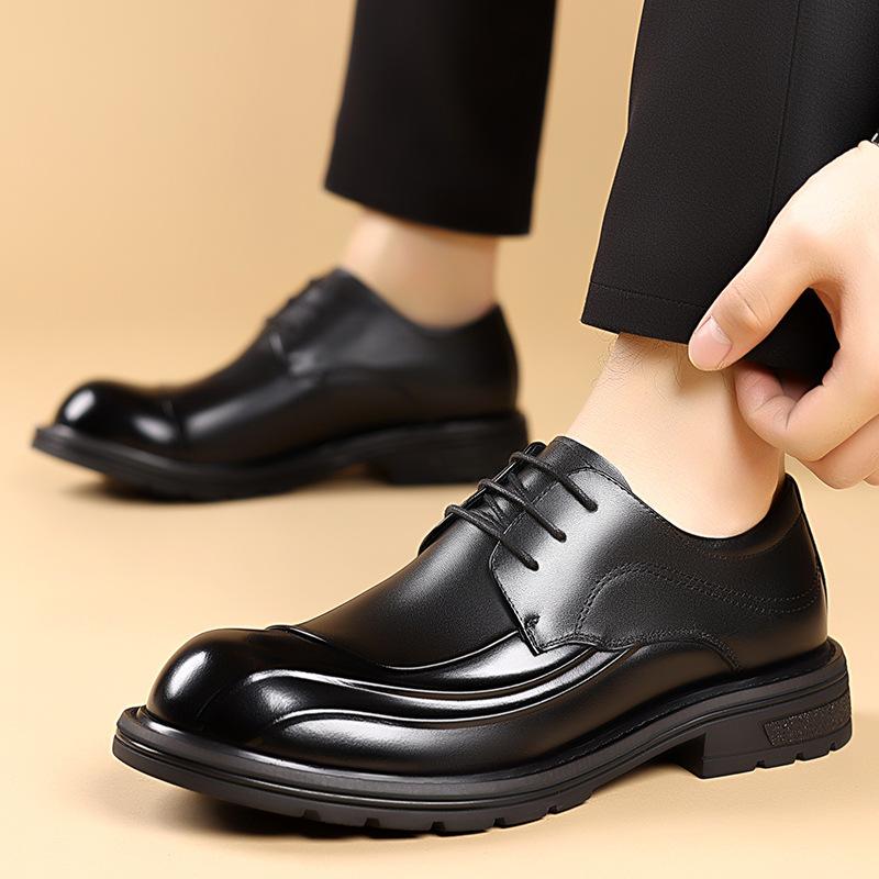 New Men's Top Layer Cowhide Business Leather Shoes Big Head Thick Sole Leather Casual Men's Shoes Trendy Lace Up Single Shoes