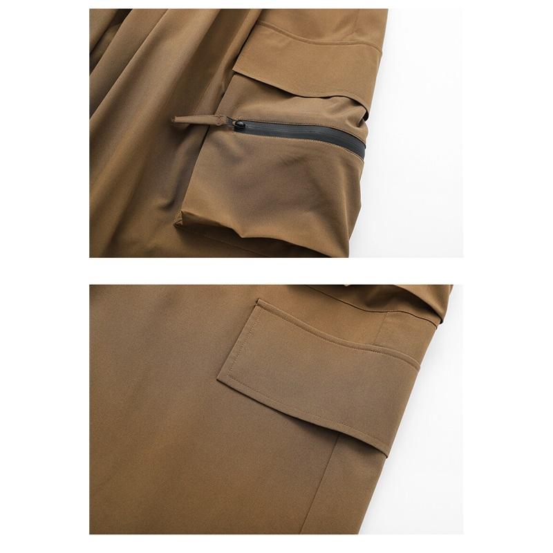 High Quality Ice Silk Waterproof Zipper Multi Pockets Casual Pants Men Solid Straight Elastic Waist Trousers Loose Cargo Pants