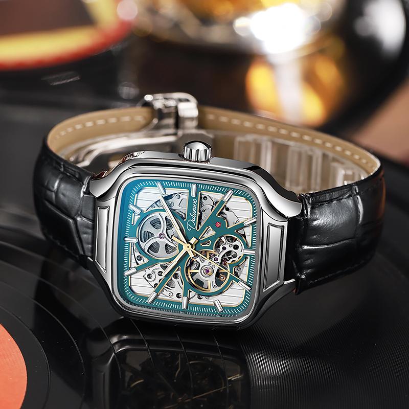 Dulunwe Mechanische Herrenuhr mit quadratischem Zifferblatt, wasserdicht, automatisch, Skelett, Geschenkuhr, leuchtend, lässig, Sportuhr, Herren-Business-Uhr