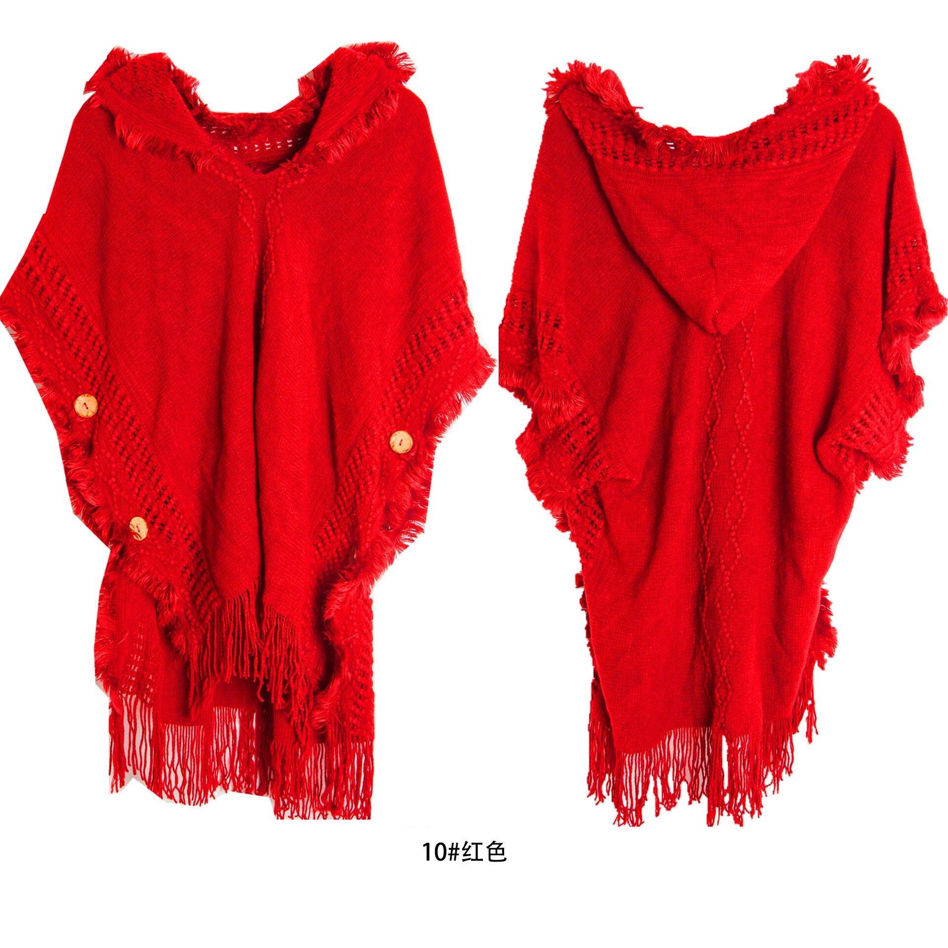 

10 цветов, женская свободная накидка на пуговицах, пончо, весна-осень, вязаный свитер с рукавами «летучая мышь», длинный уличный пуловер с кисточками и шляпой One Size красный