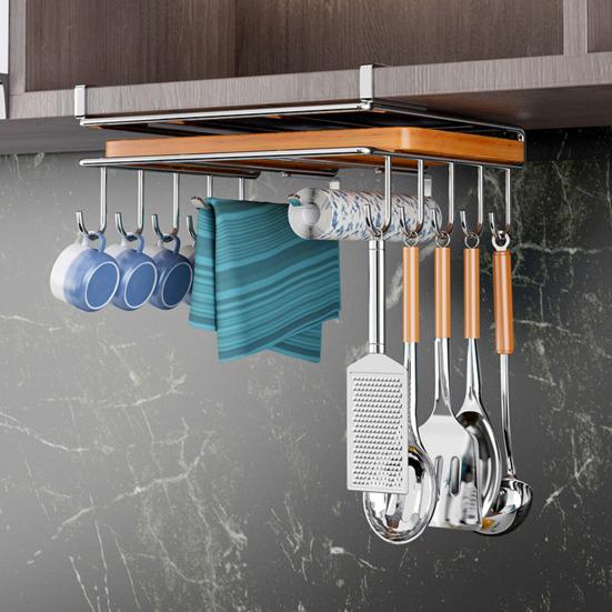 Yousheng Clip-On Shelf under Cabinet Storage Shelf with 10 Hooks 2 Towel Bars And Cutting Board Holder No-Drill Installation Mug And Utensil Hooks