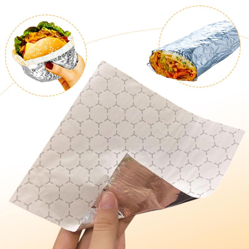 100 Fogli Carta Alluminio Isolante, Carta Carta Resistente al Grasso per Sandwich, Hamburger, Pranzo, Cibo da Asporto, Cibo Caldo 30*30cm