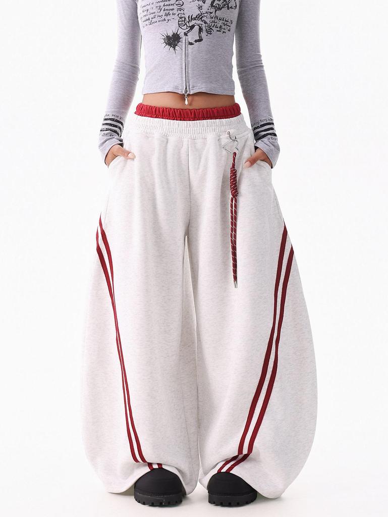 Women's Hip Hop Color Block Striped Sweatpants - Double Waistband, Baggy Fit for Spring/Autumn