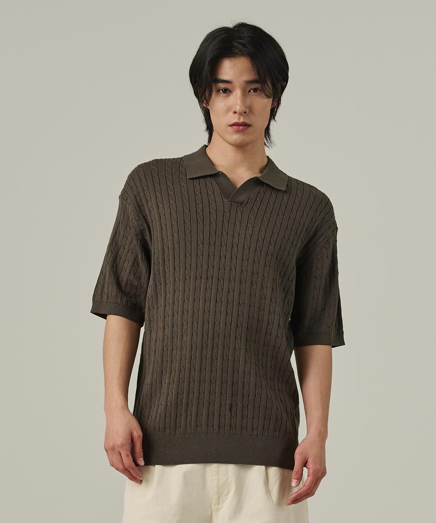 ANALOG MOOD Cable Open Collar Short Sleeve Knit (Khaki)