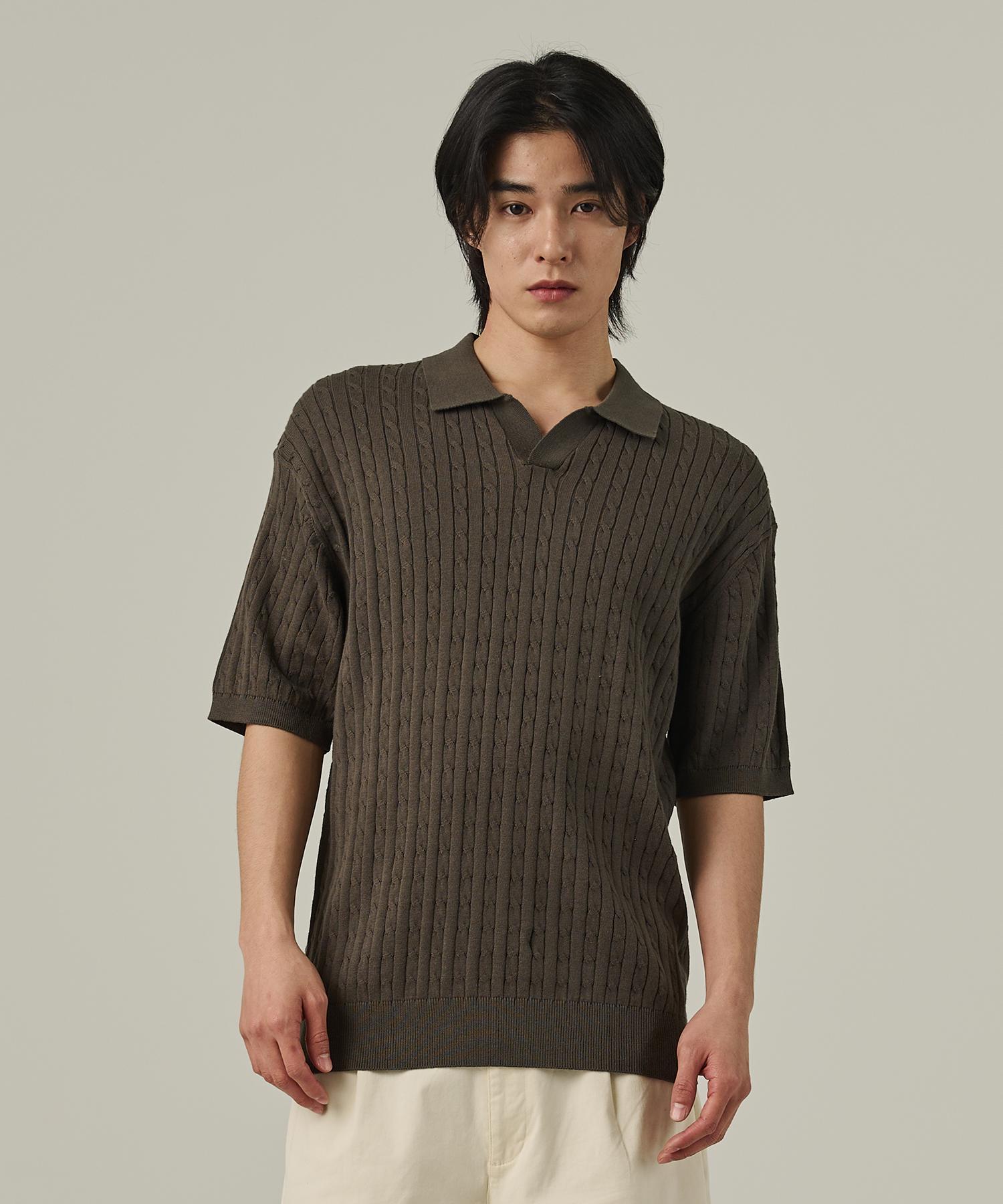 Analog Mood Cable Open Collar Short Sleeve Knit (Khaki) Free