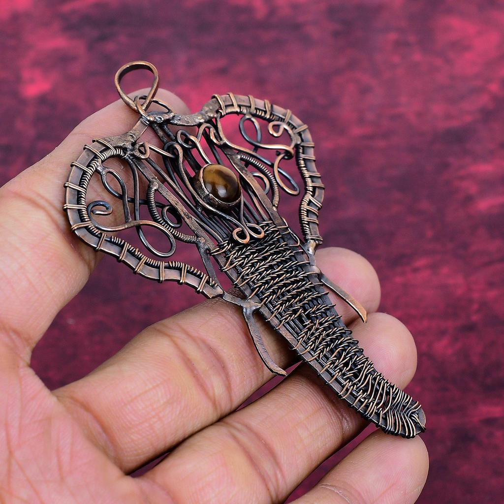 Tiger's Eye Gemstone Pendant Copper Wire Wrapped Decent Jewelry Elephant Pendant