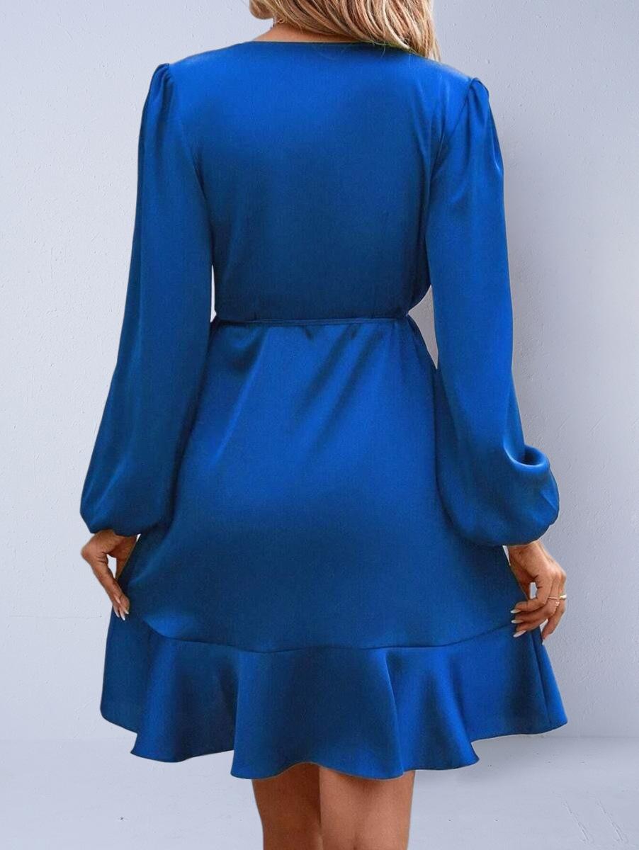 

European & American Faux Silk V-Neck Dress - Autumn Colors, Waist-Cinched Midi Skirt L королівський синій колір