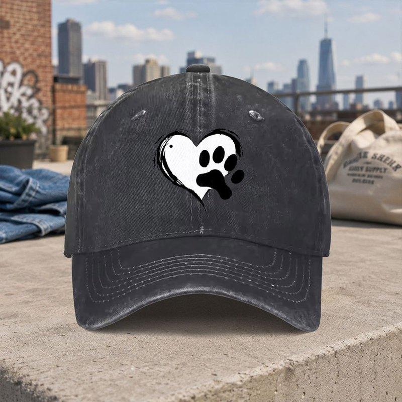 Heart Cat Paw Print Retro Washed Baseball Cap Unisex Casual Street Style Duckbill Hat Fashion Accessory