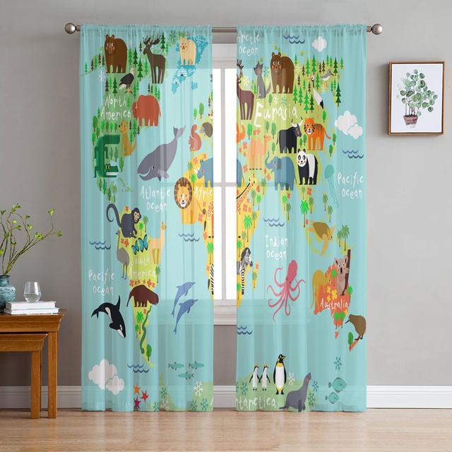Tropical Jungle Zoo Cartoon Animal Sheer Curtain For Living Room Bedroom Kitchen Window Decor Giraffe Elephant Tulle Curtains