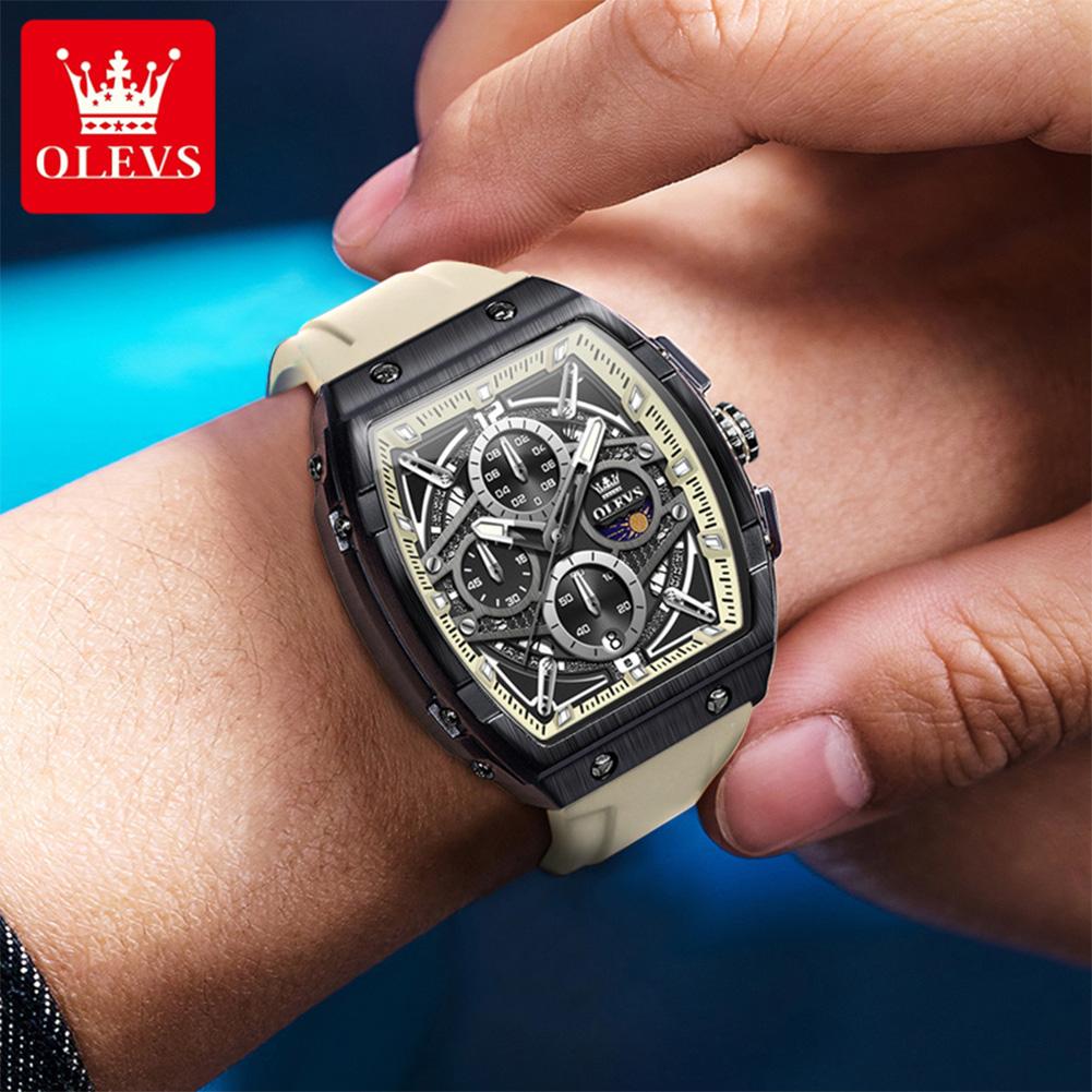 Men's Watches Hollowed Quartz Wristwatch Silicone Strap Tonneau Large Dial Design Waterproof Luminous Watch